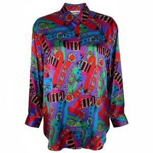 Vintage Yves St. Clair 80s jewel print satin purple blouse made in Korea medium